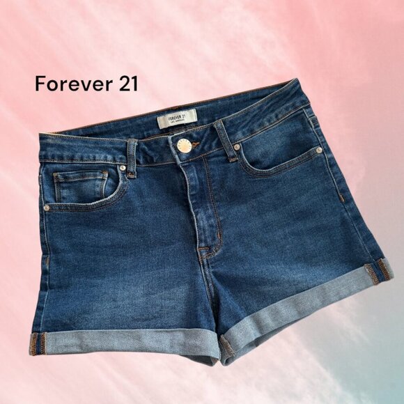 Forever 21 Curvy Fit High Rise Stretchy Rolled Cuff Blue Denim Jean Shorts - Picture 1 of 9